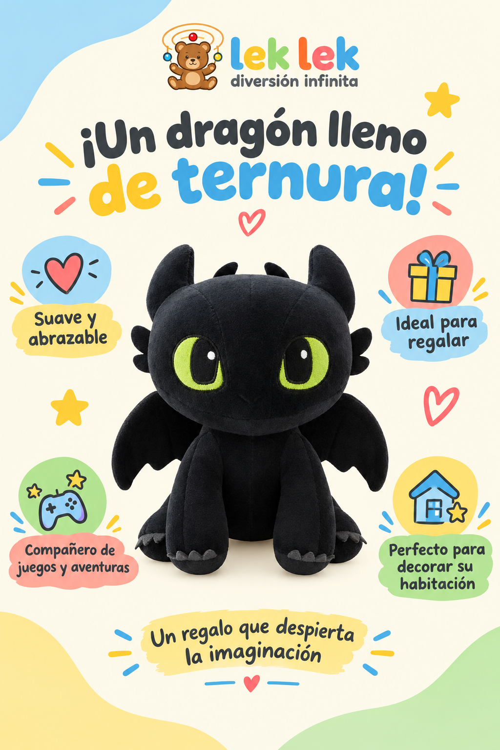 Peluche Chimuelo Furia Nocturna de 25 a 30 cm Dragón Negro - Imagen 2